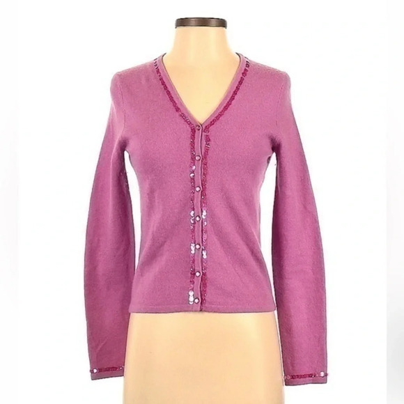 AK Ann Klein | Mauve Sequin Lambswool Angora Blend Button Down Cardigan Size XS - Picture 1 of 2